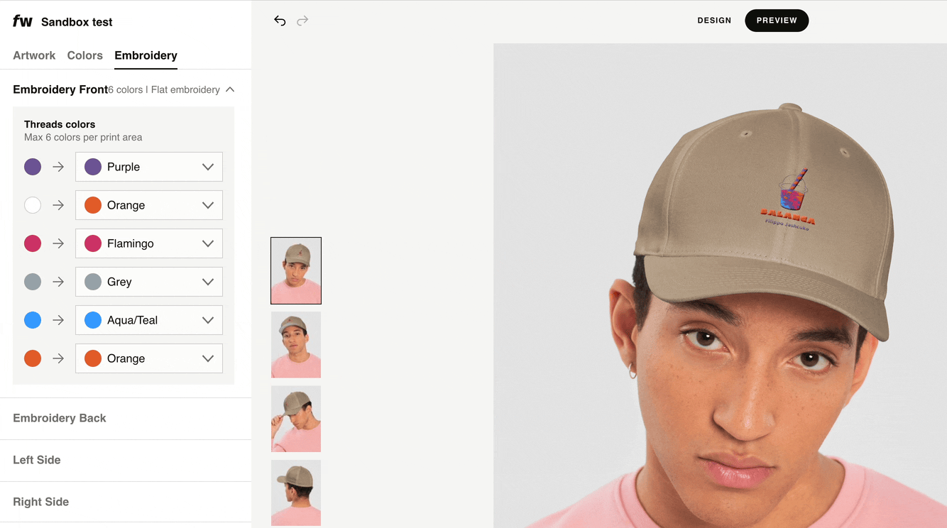 Short GIF animation showing a creator remapping embroidery thread colors on a hat