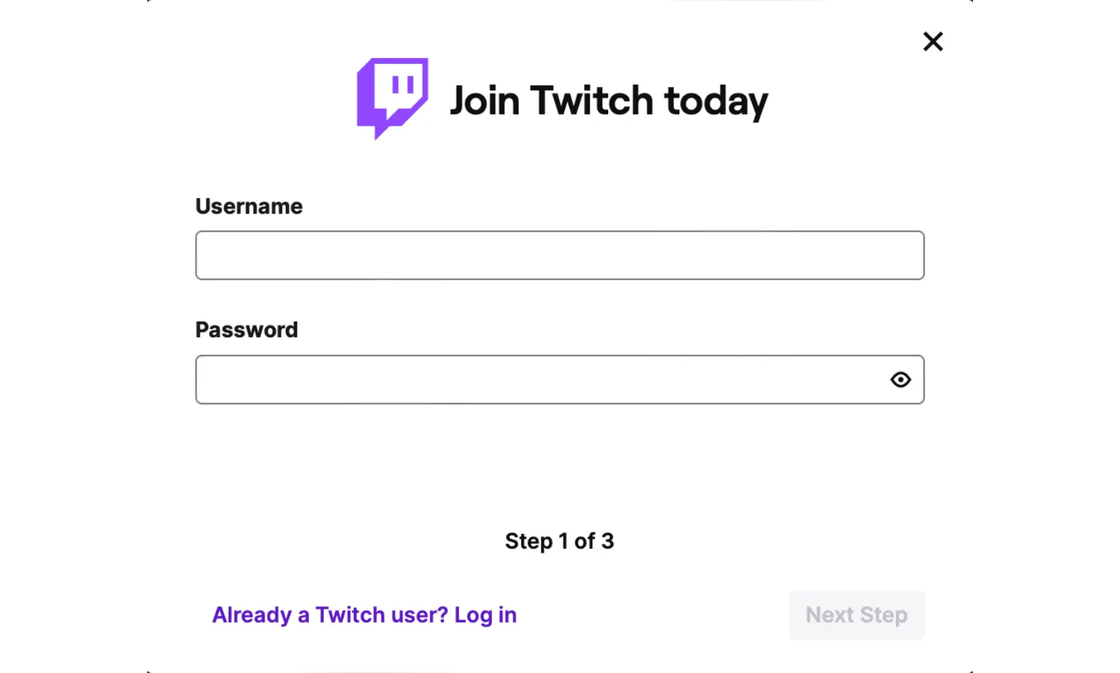 Sign-up screen on Twitch