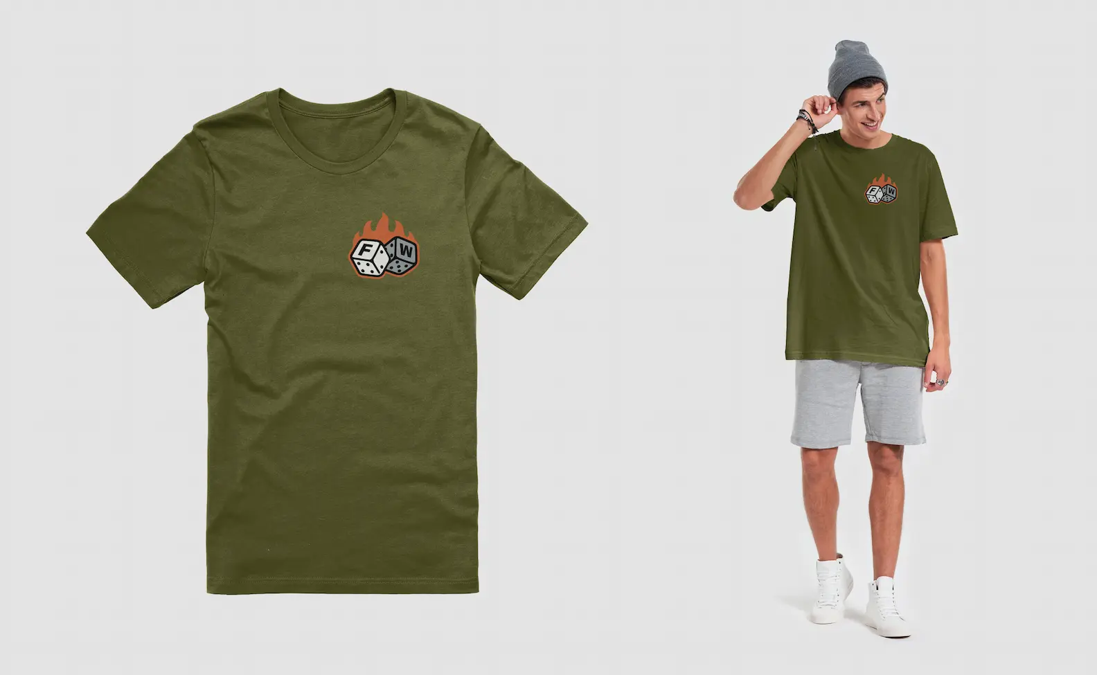 An example image of mockups on a flat lay and model in a studip