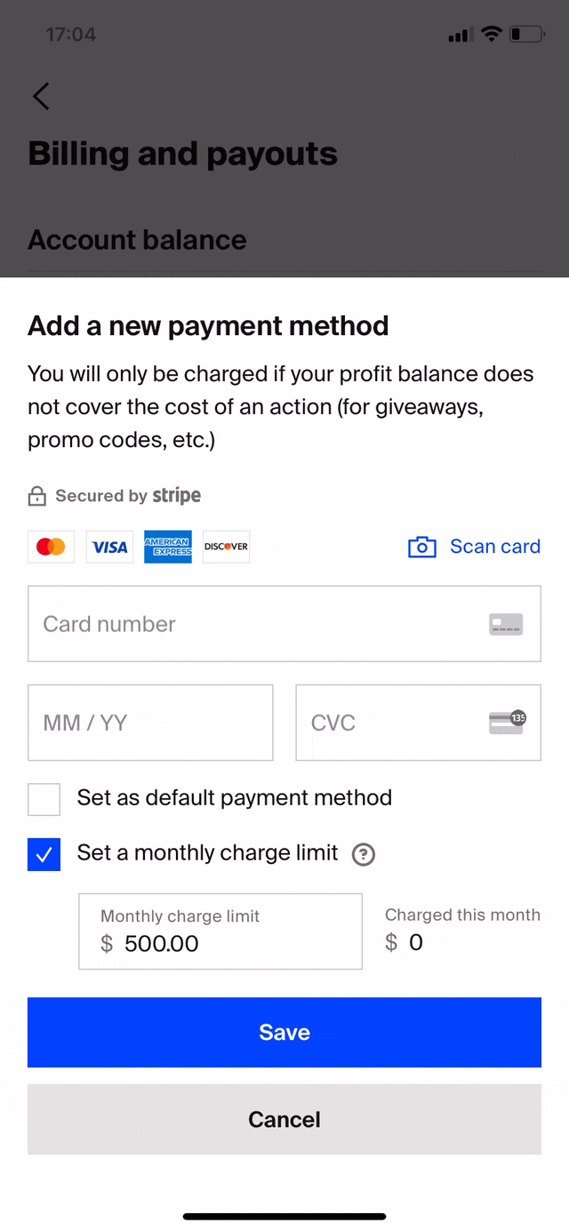An animated GIF showing someone adding a credit card on the Fourthwall mobile app