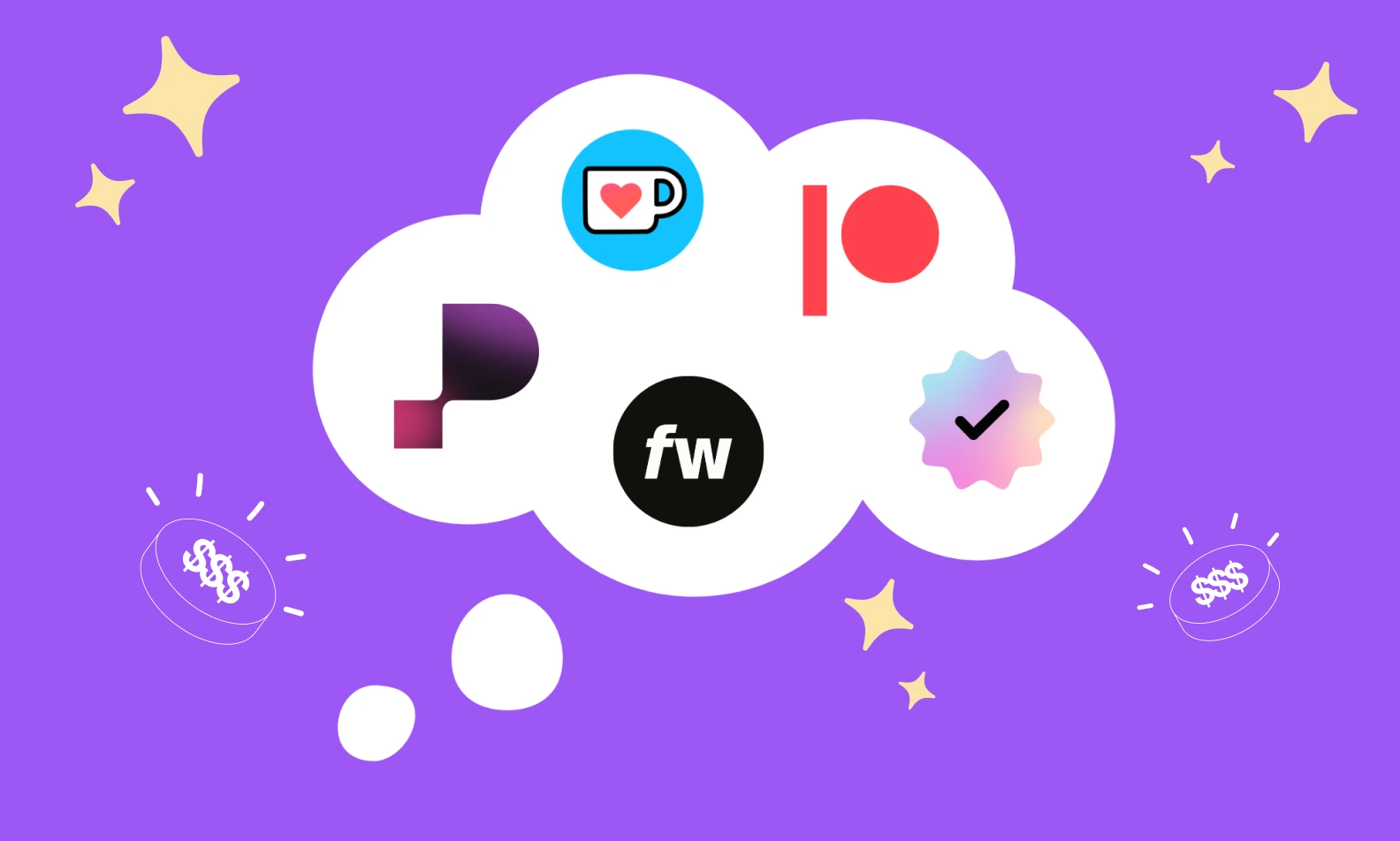 A thought bubble with the logos for Passes, Kofi, Patreon, Fourthwall, and Fanfix