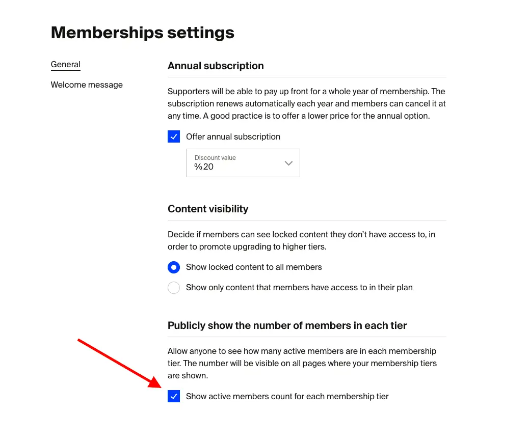 Screenshot showing where you can turn on publicly showing members count per tier