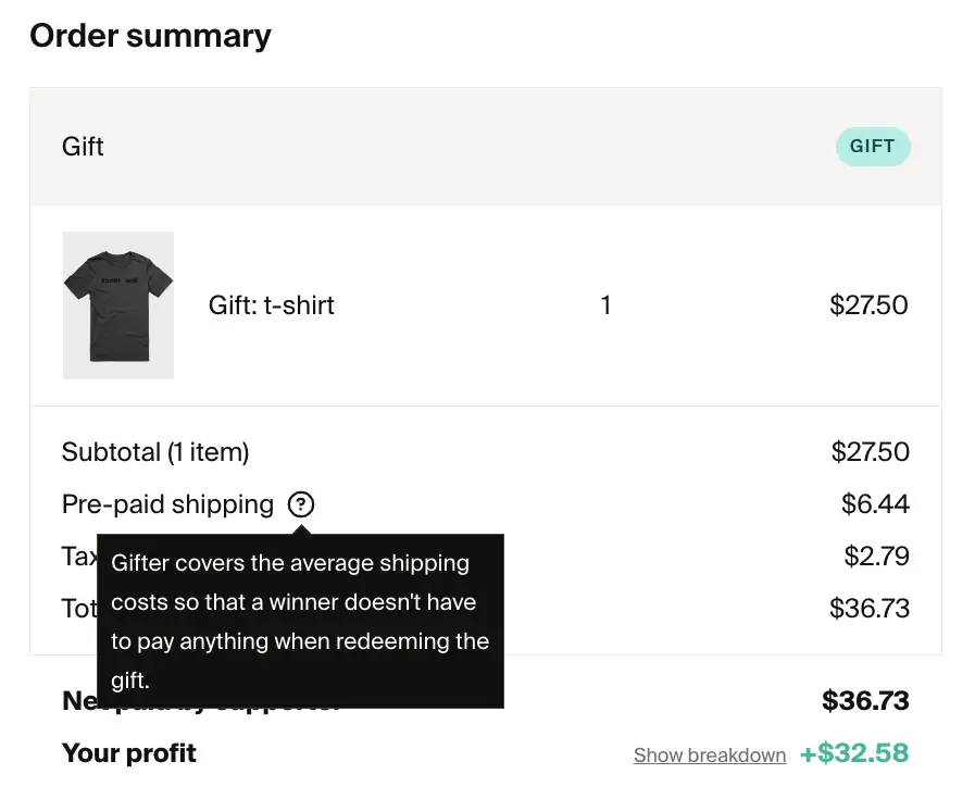 A screenshot showing that there is a new "Pre-paid shipping" line in the order summary for Twitch gifts