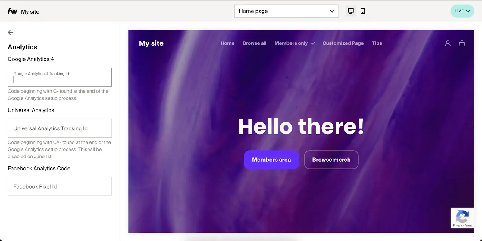 A screenshot showing where you enter Google Analytics 4 codes (on the Analytics section in the Design & Layout tab)