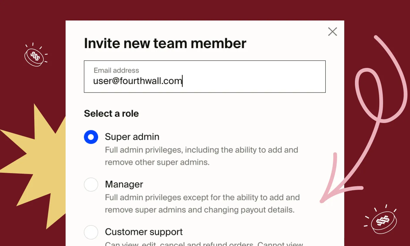 New Roles and Permissions feature from Fourthwall: Invite a new team member