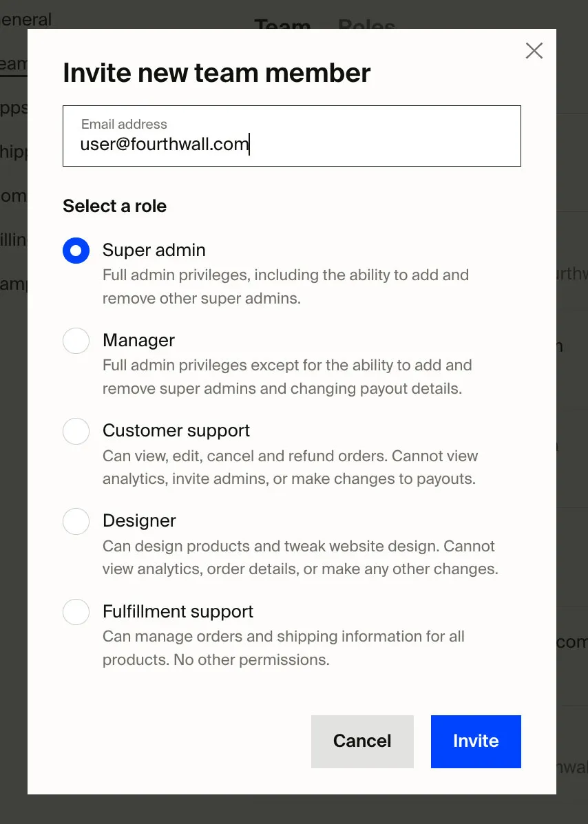 The "Invite new team member" modal within the Fourthwall dashboard, where you can easily select roles for new members of your team.