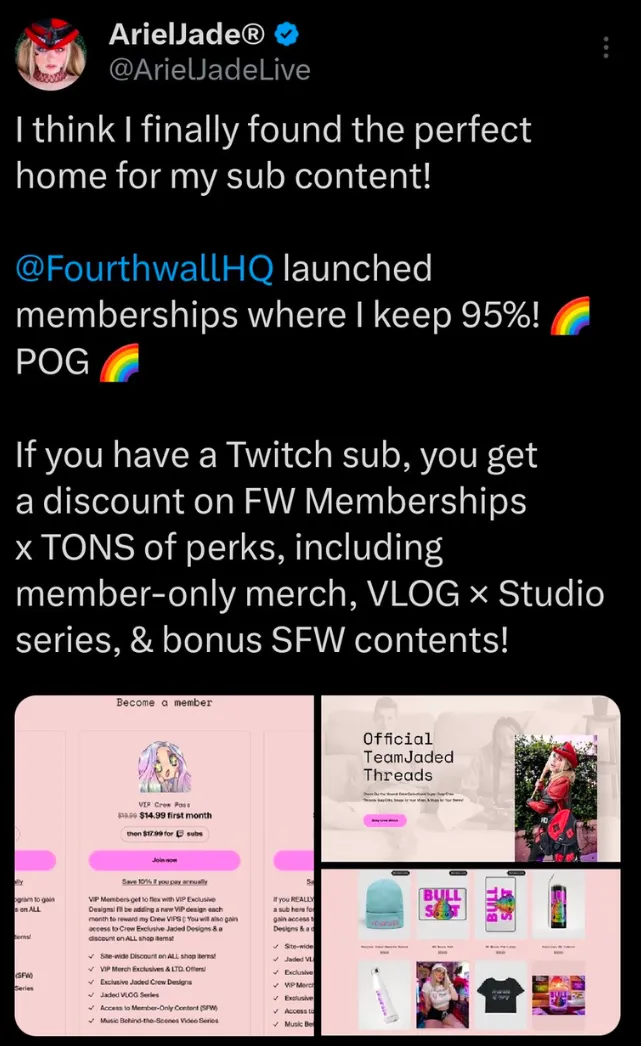 Ariel Jade's announcement of her new Fourthwall Memberships site on Twitter