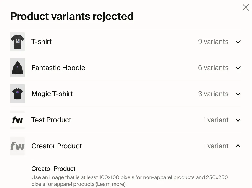 An example of when Google rejects one of your products for a YouTube policy violation