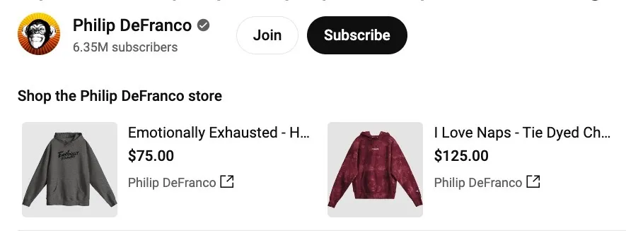 Philip DeFranco's showcasing products from his store on his channel