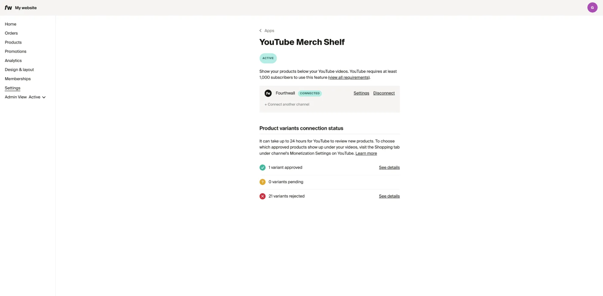 An example of connecting your Fourthwall shop to your YouTube channel