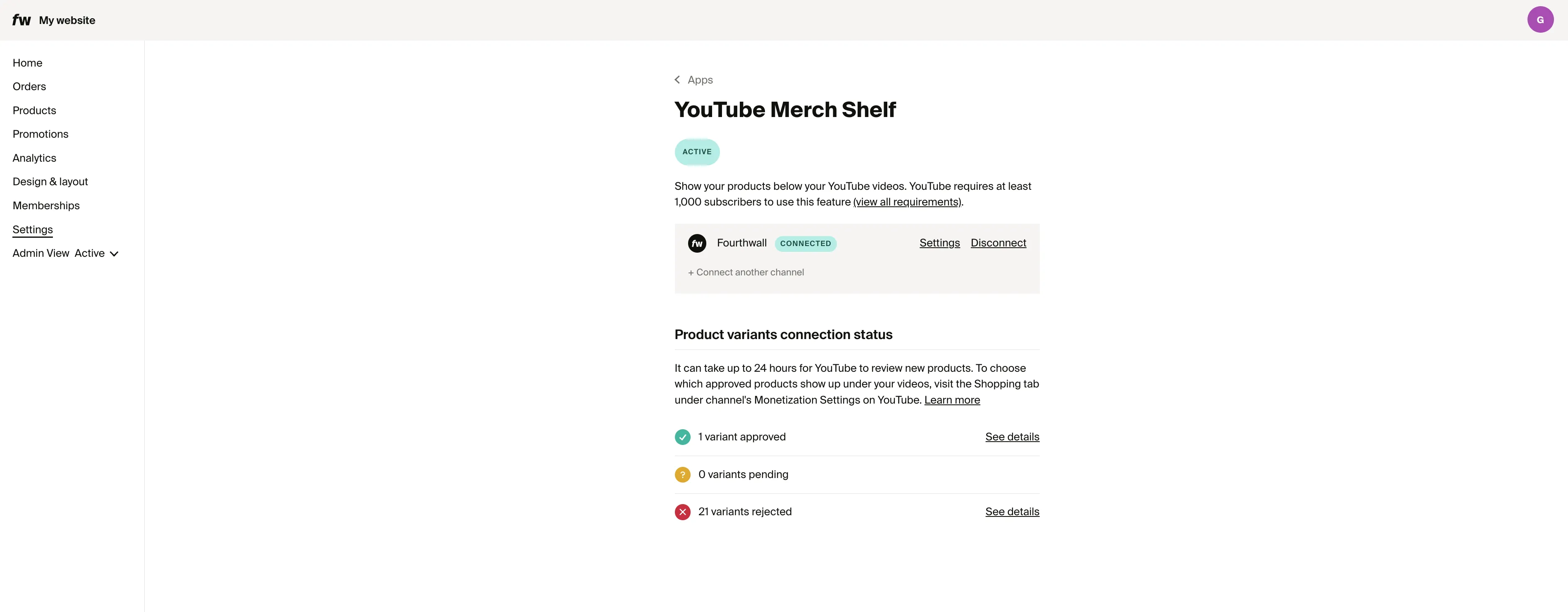 An example of connecting your Fourthwall shop to your YouTube channel