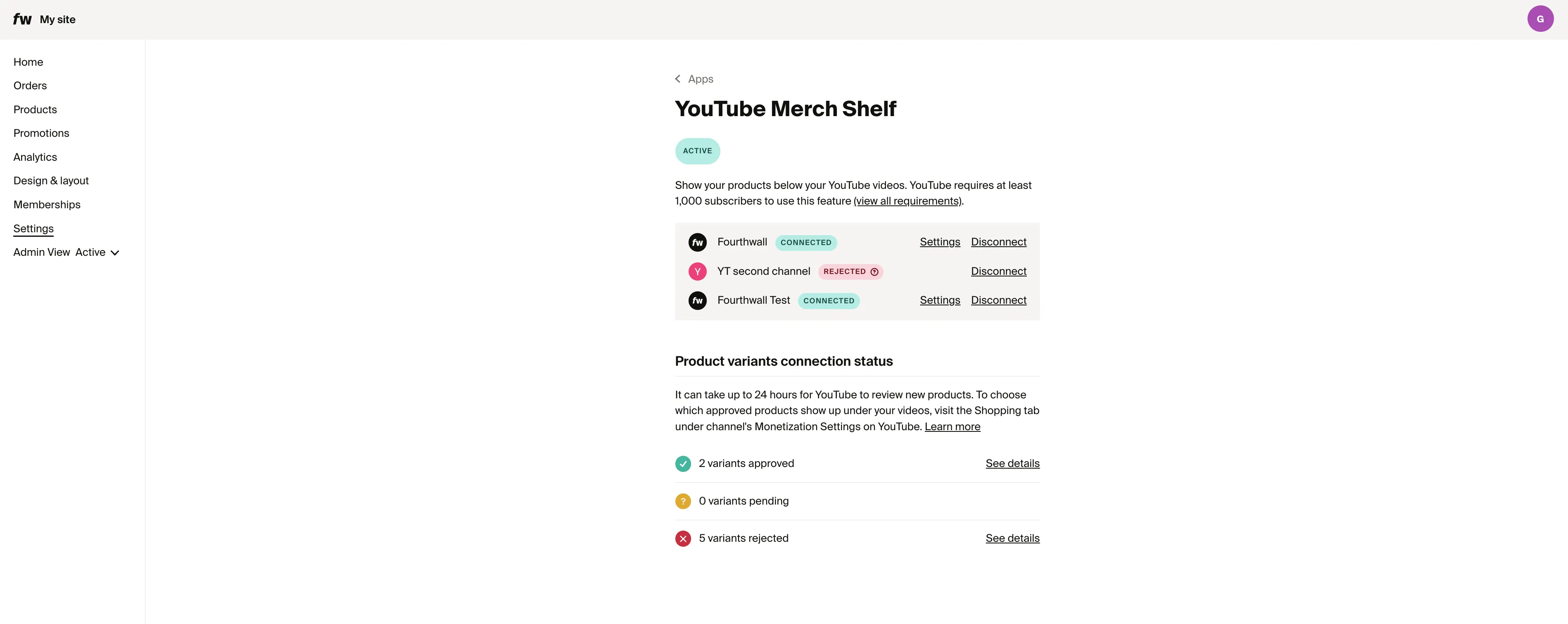 Multiple YouTube channels connected to a single Fourthwall shop