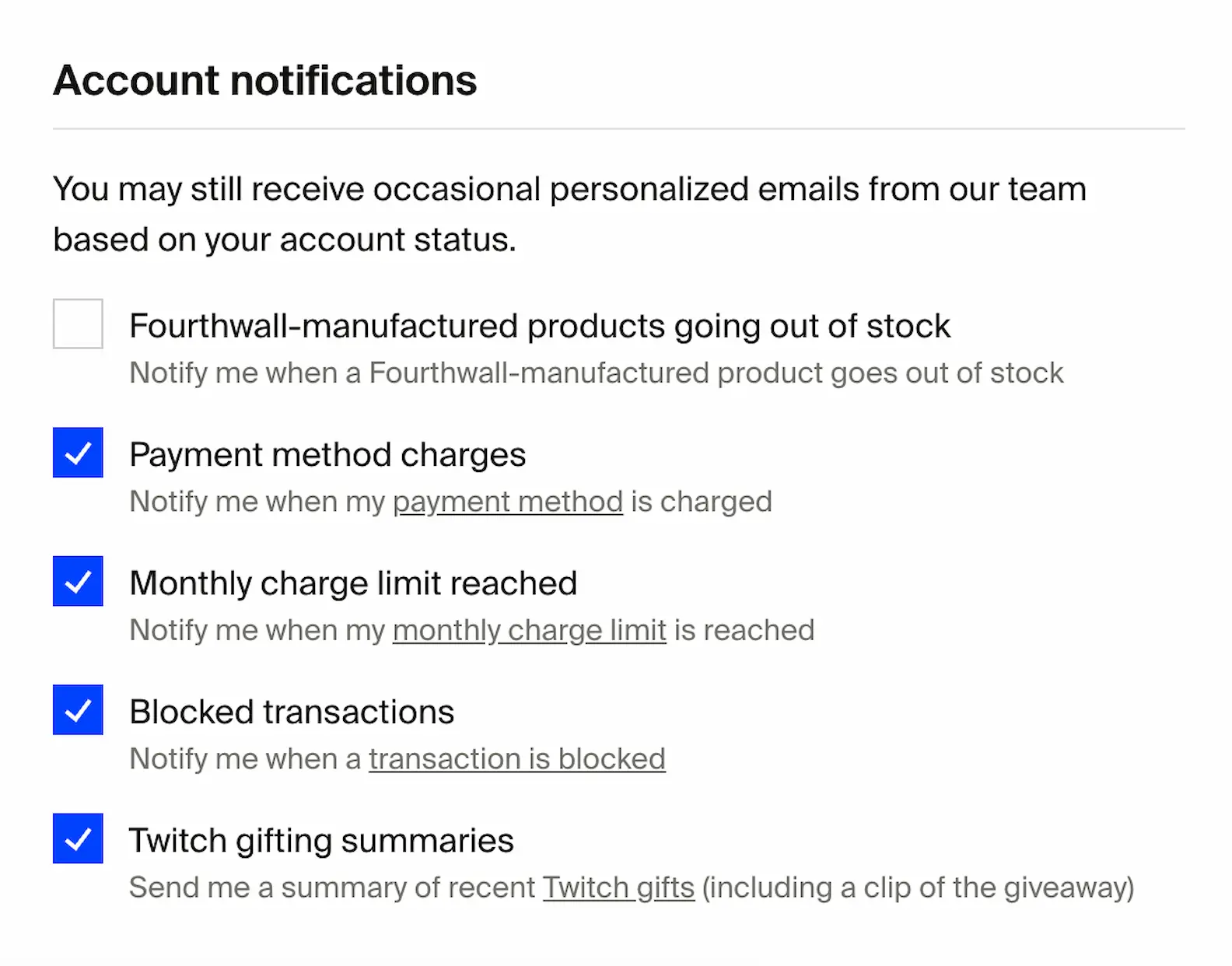 An example of a creator's Account notifications selections.