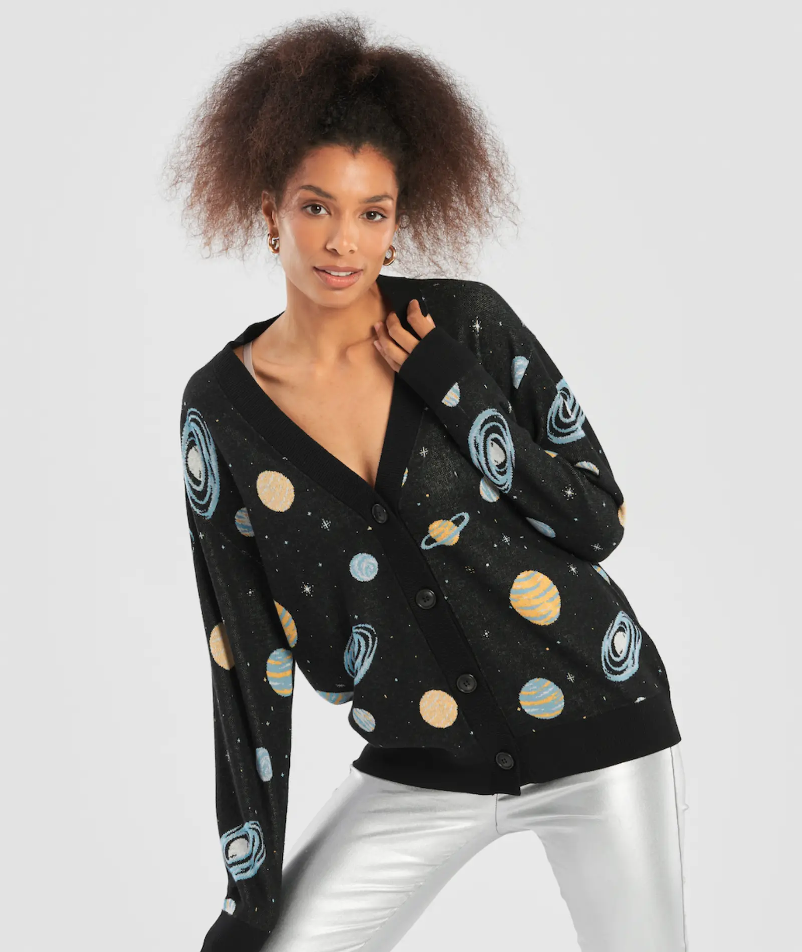 An image of a model in a custom design of knitwear