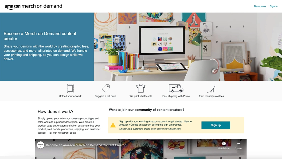 Amazon merch on demand page