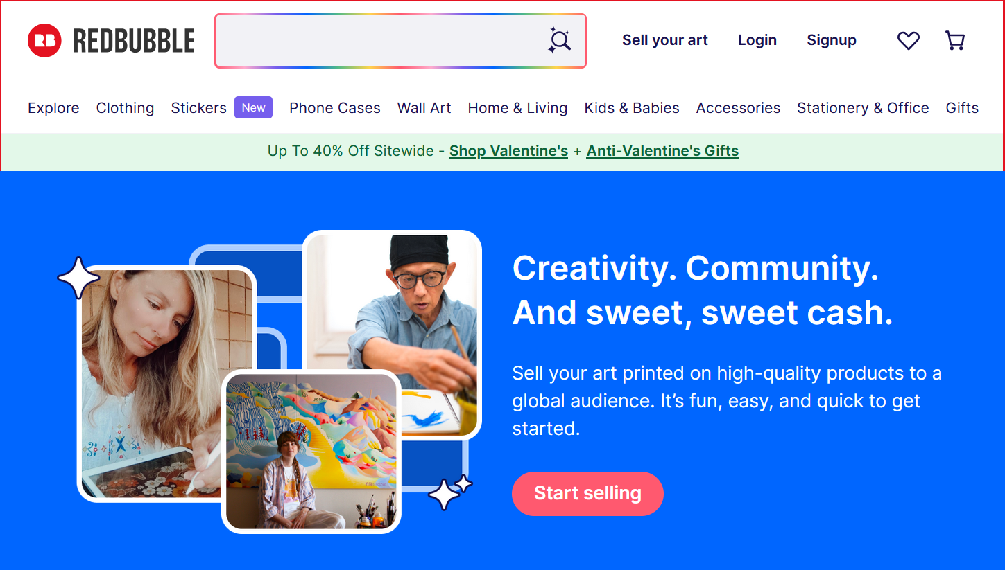 Front page of Redbubble website
