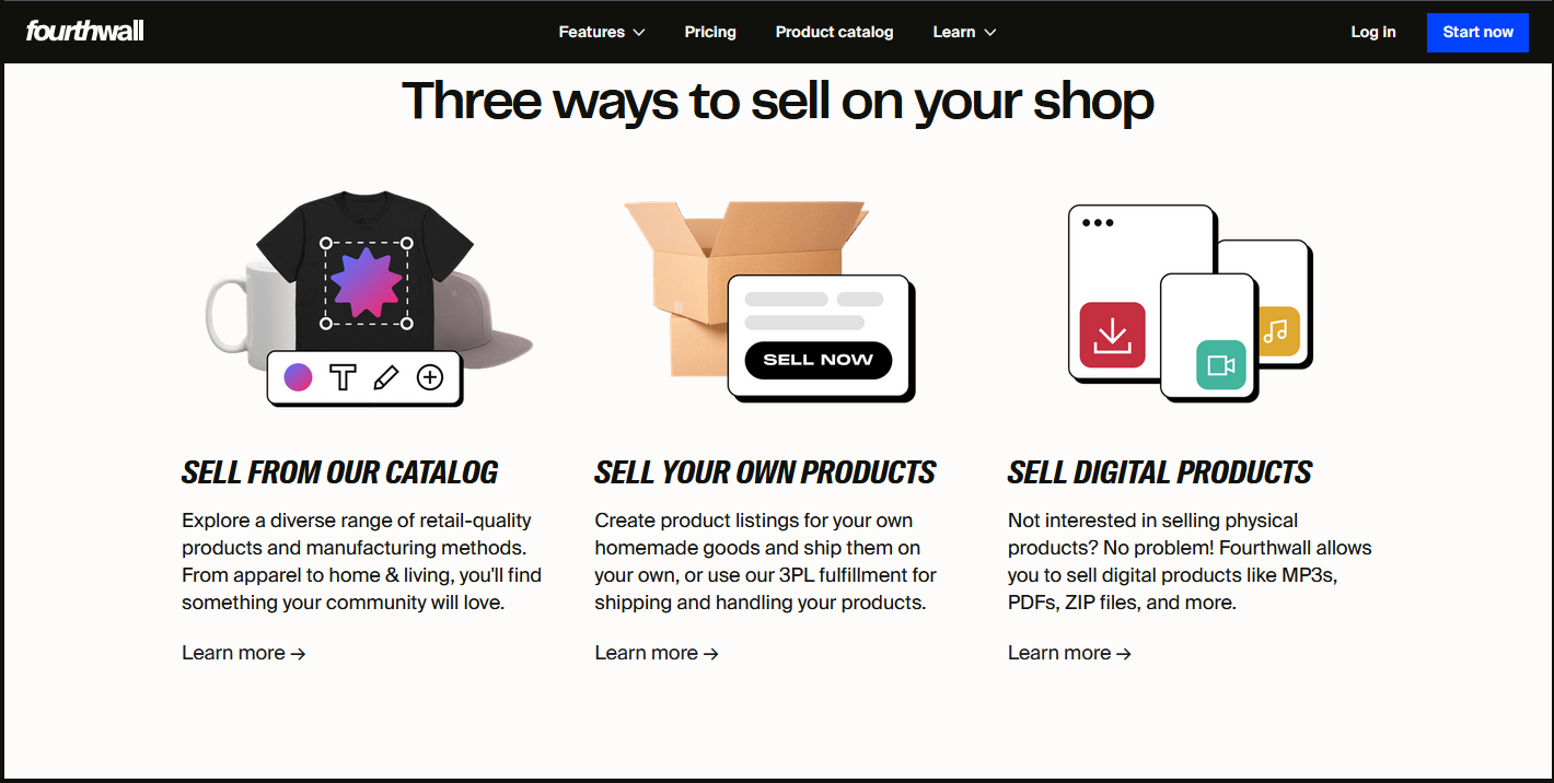Fourthwall page showing 3 ways to sell on your shop