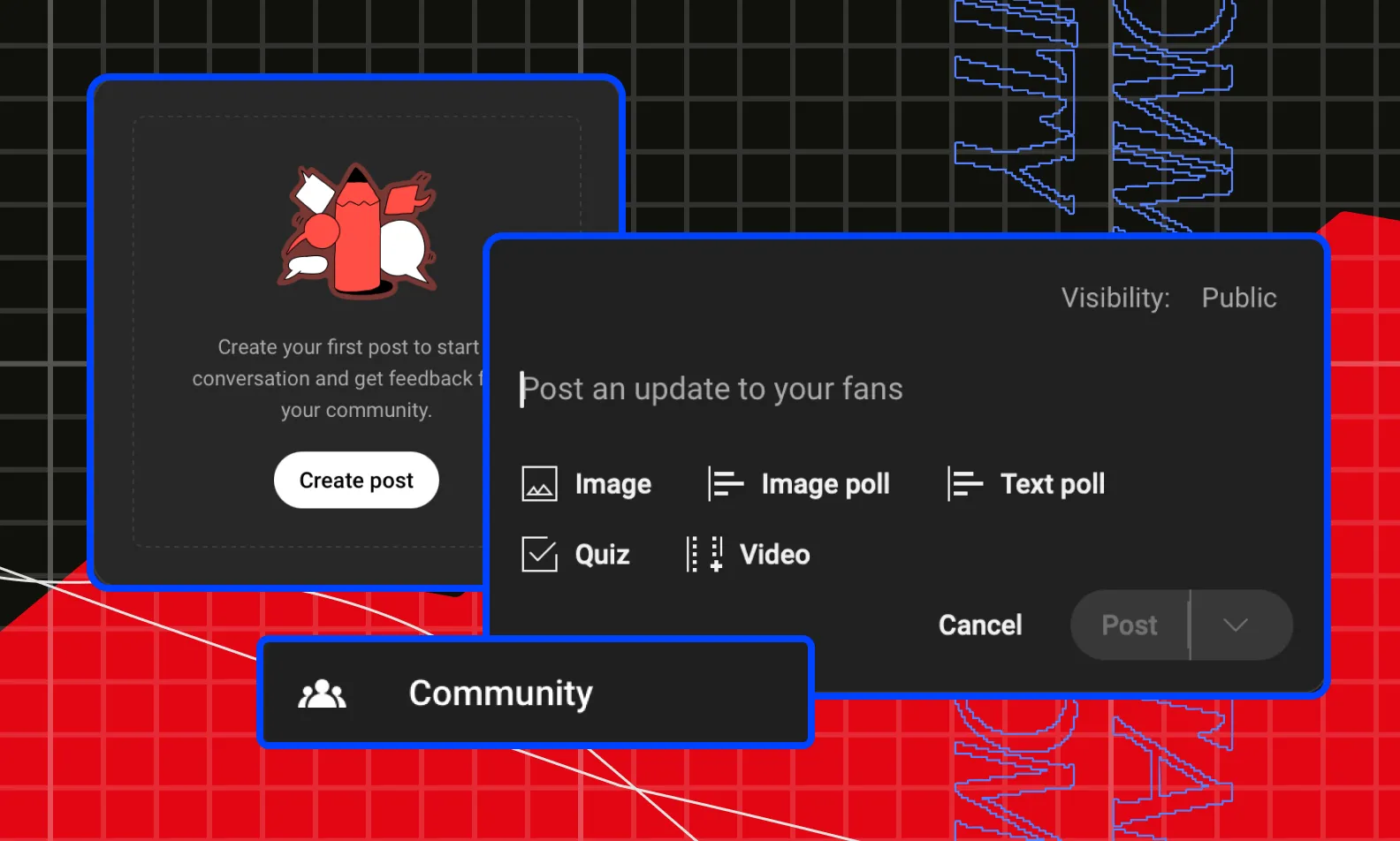 Top image showing YouTube community tabs