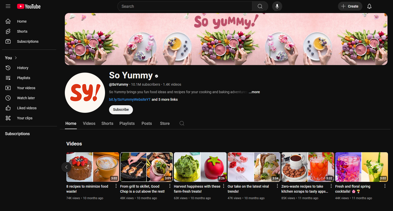 Screenshot of So Yummy YouTube channel