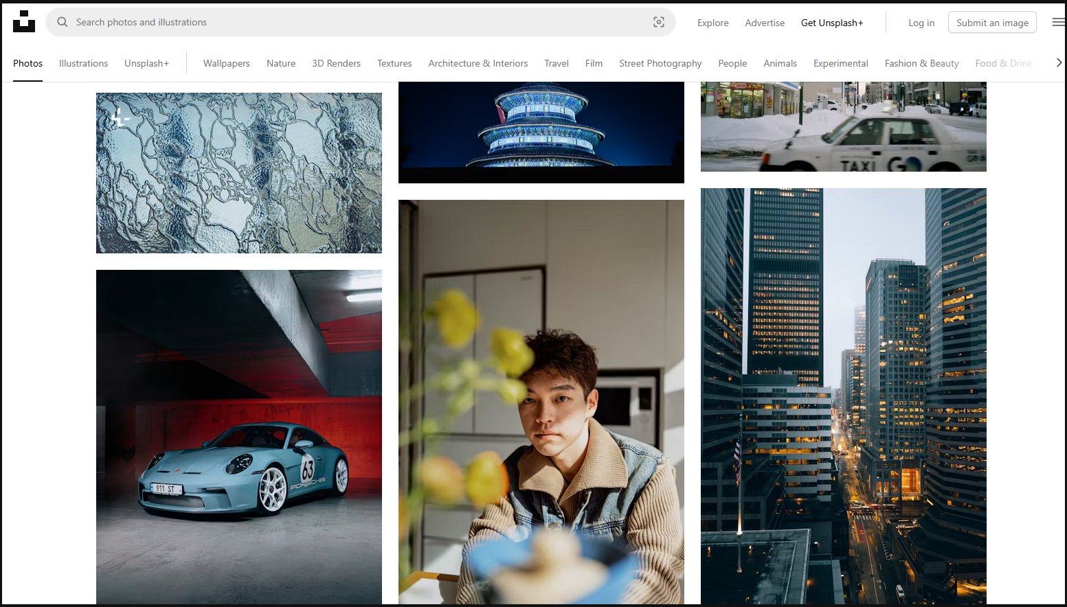 Front page of the Unsplash website
