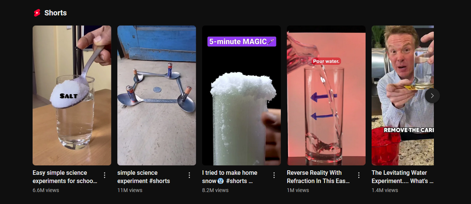 Examples of YouTube science experiment Shorts