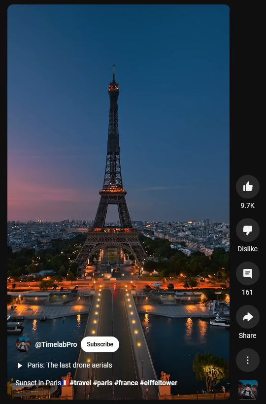 Example of a YouTube travel short showing the Eiffel Tower
