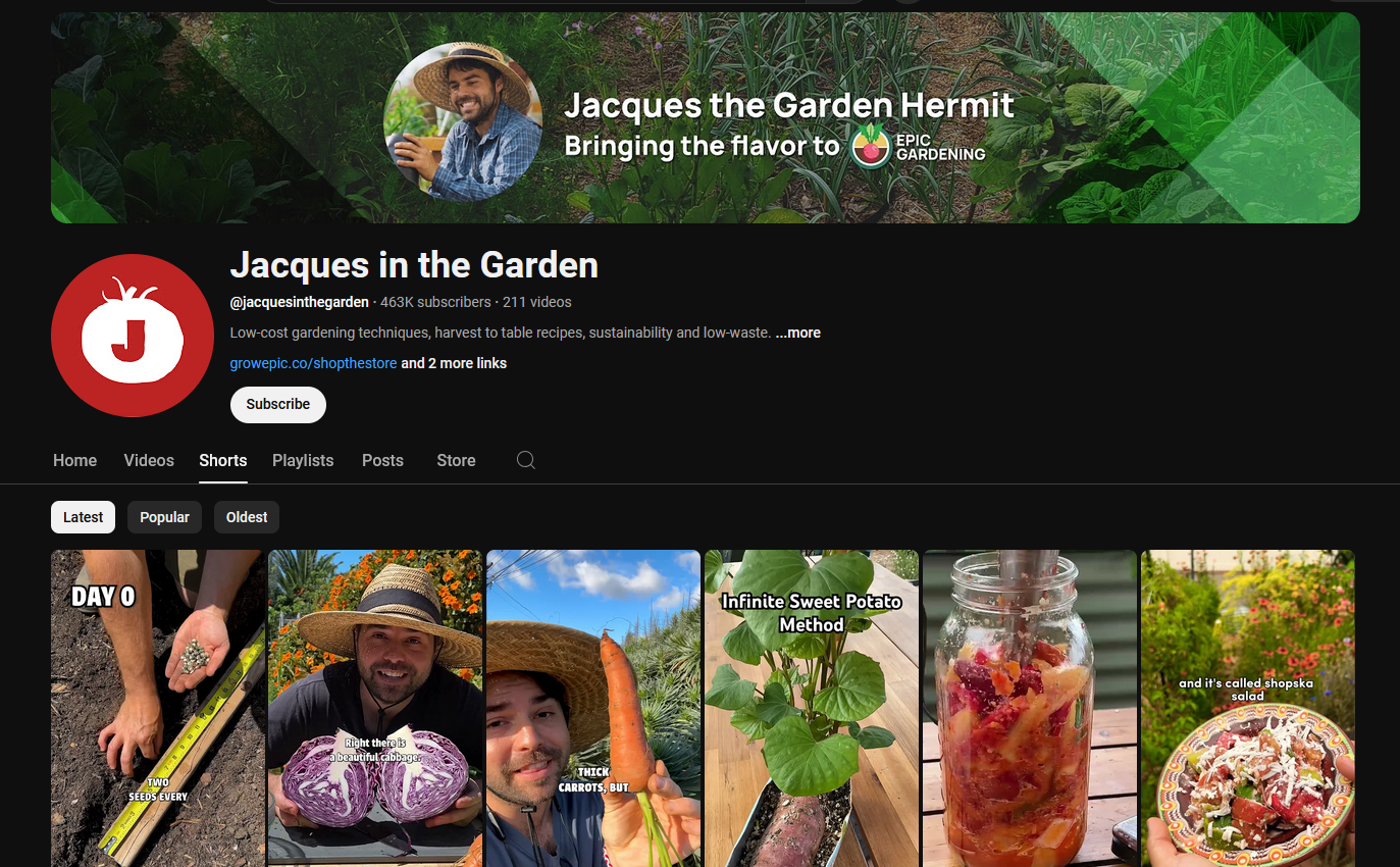Front page of Jacques in the Garden's YouTube channel