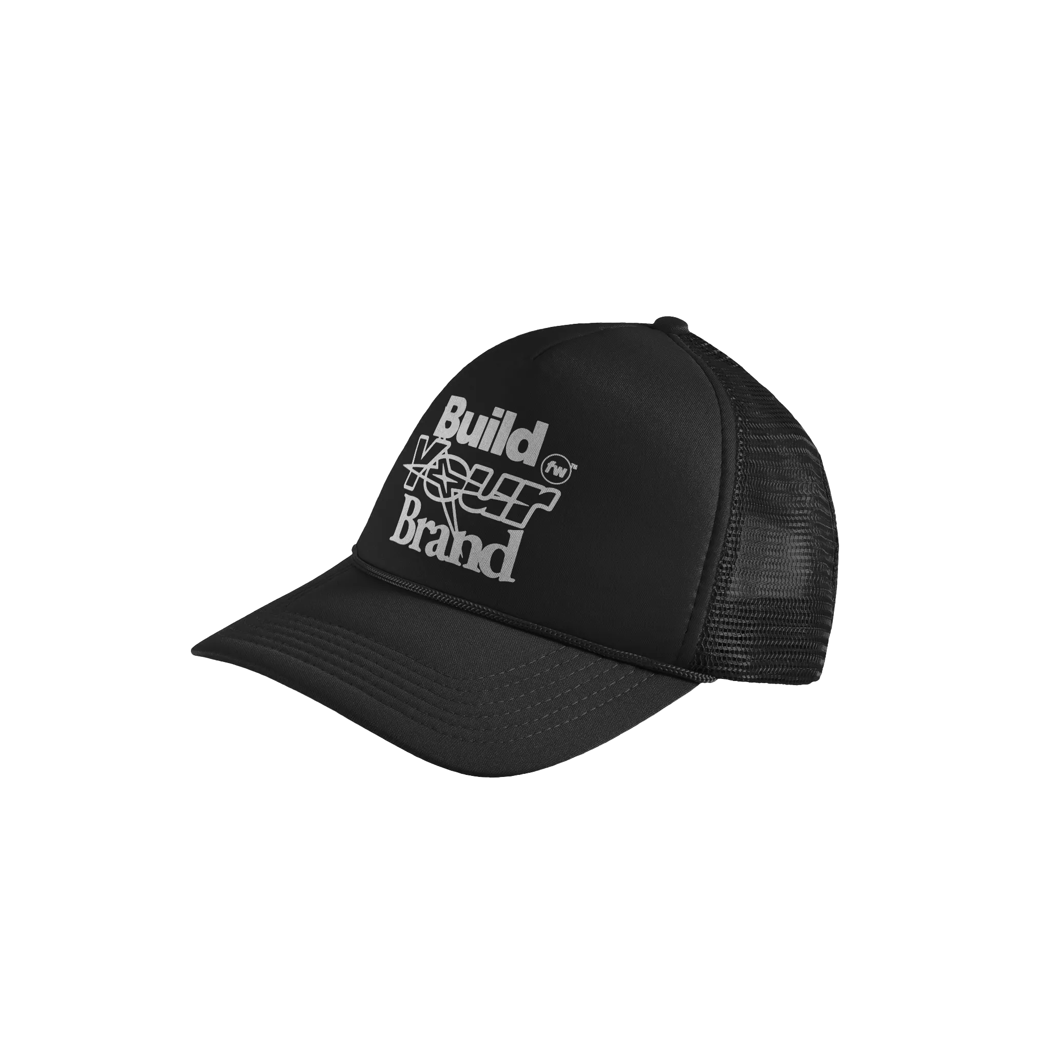 image of a black trucker hat with fourthwall branding