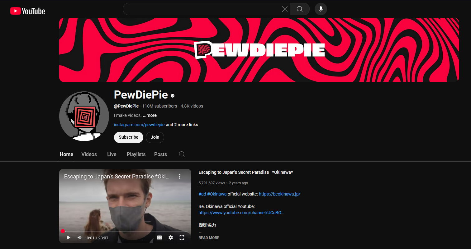 Front page of PewDiePie's YouTube channel