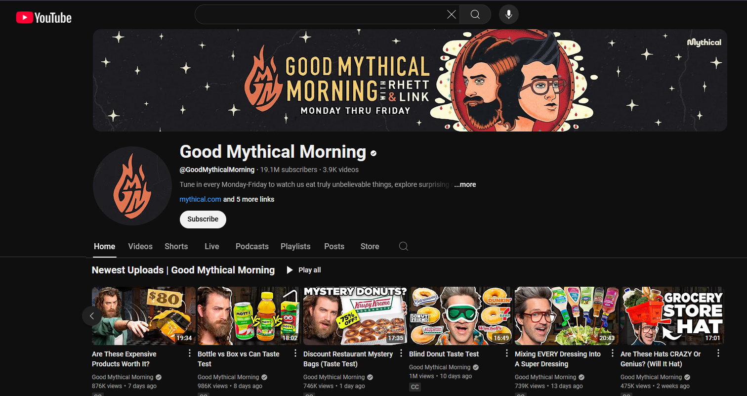 Front page of Good Mythical Morning's YouTube channel