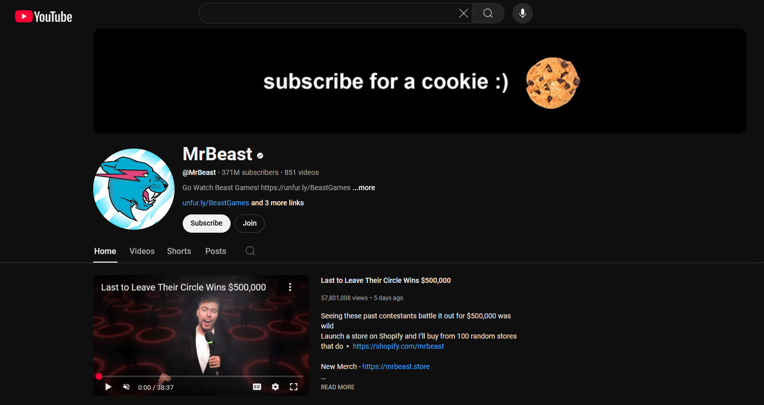 Front page of MrBeast's YouTube channel