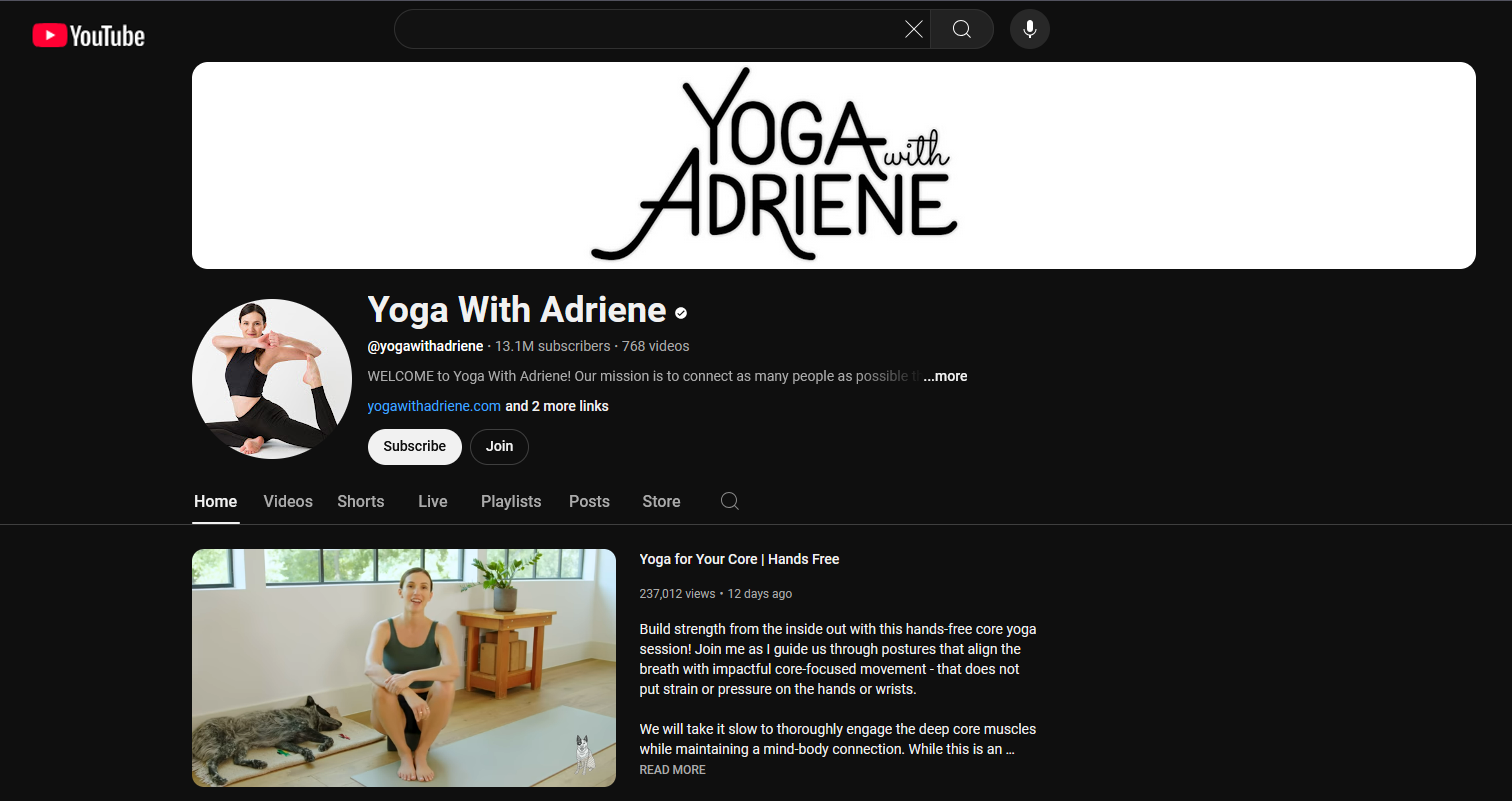 Front page of Yoga with Adriene's YouTube channel