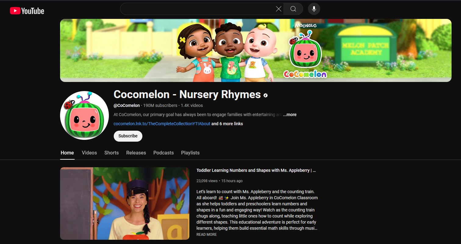 Front page of Cocomelon's YouTube channel