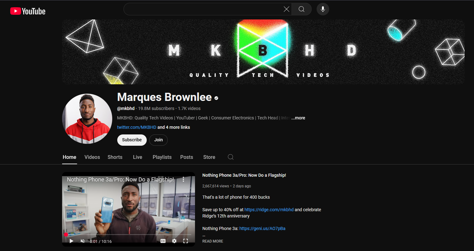 Front page of MKBHD's YouTube channel