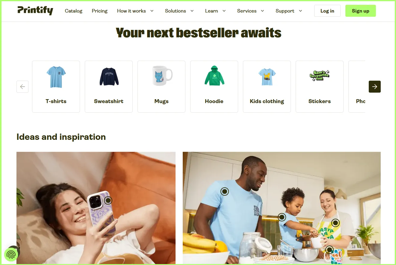 Printify page showing types of merchandise