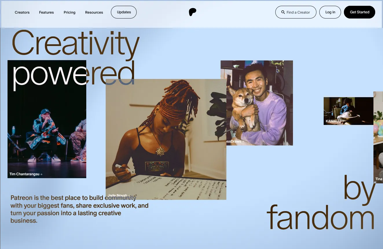 Front page of Patreon saying that it is creativity powered