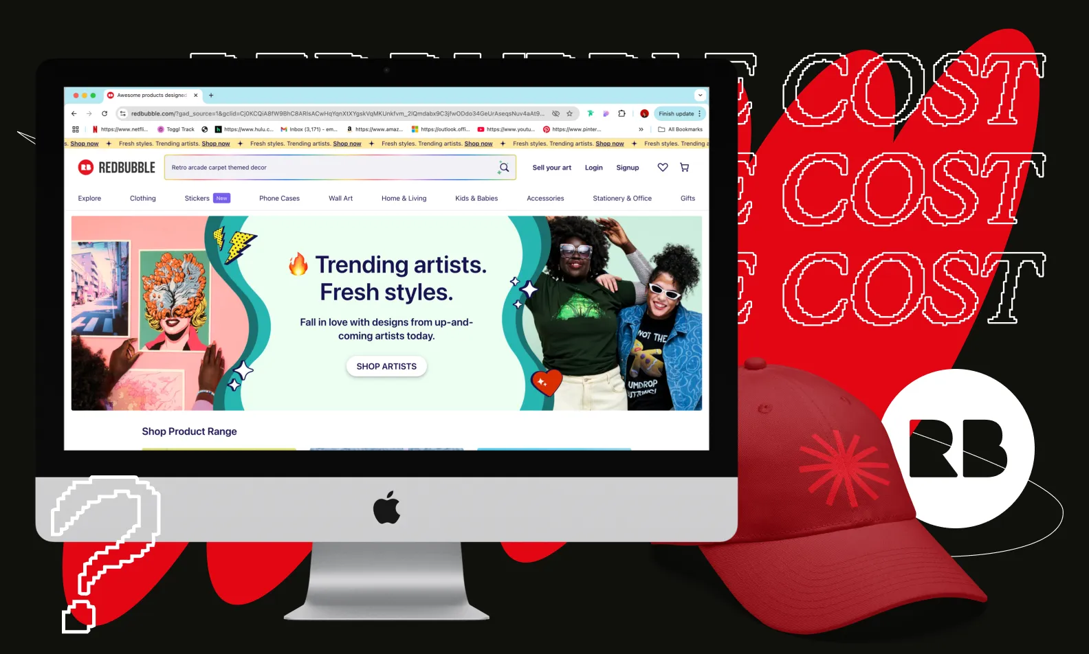 Promo graphic showing Redbubble front page