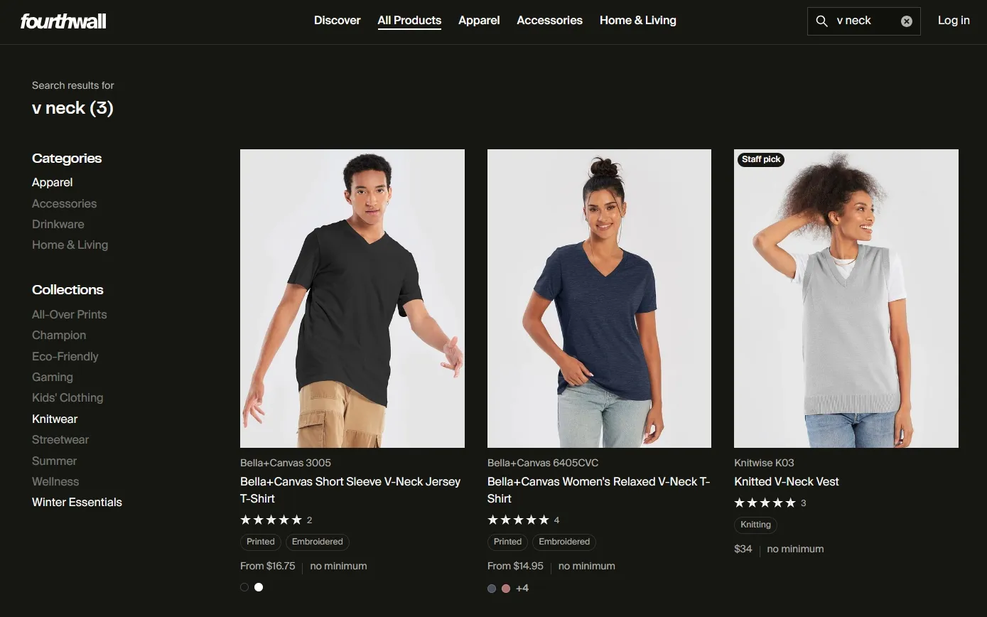 Example of three V-neck shirts available on Fourthwall