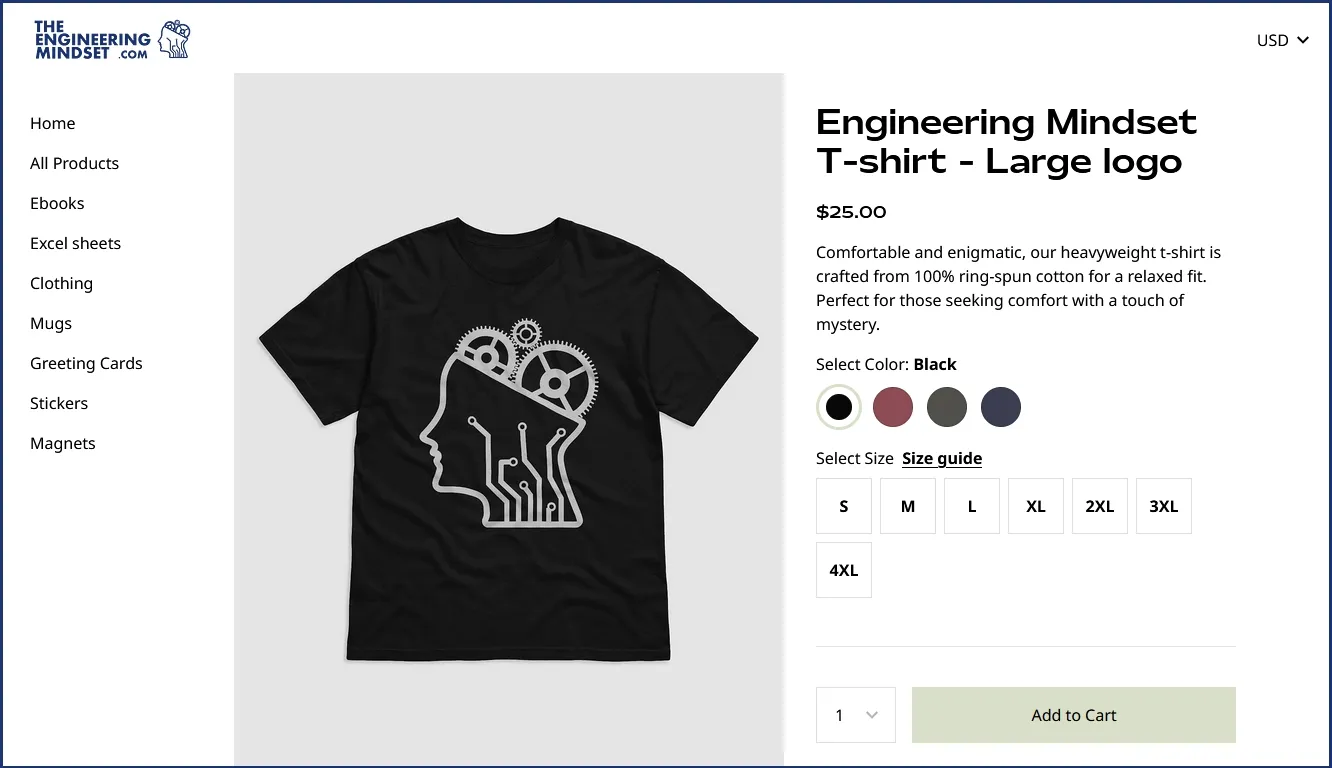Example of a simple print tee for Engineering Mindset on Fourthwall