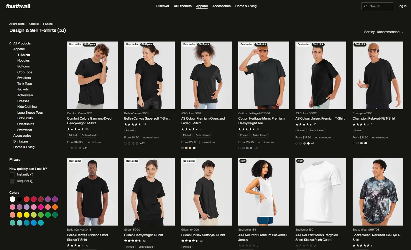 Imaging showing a huge list of printable T-shirt options at Fourthwall