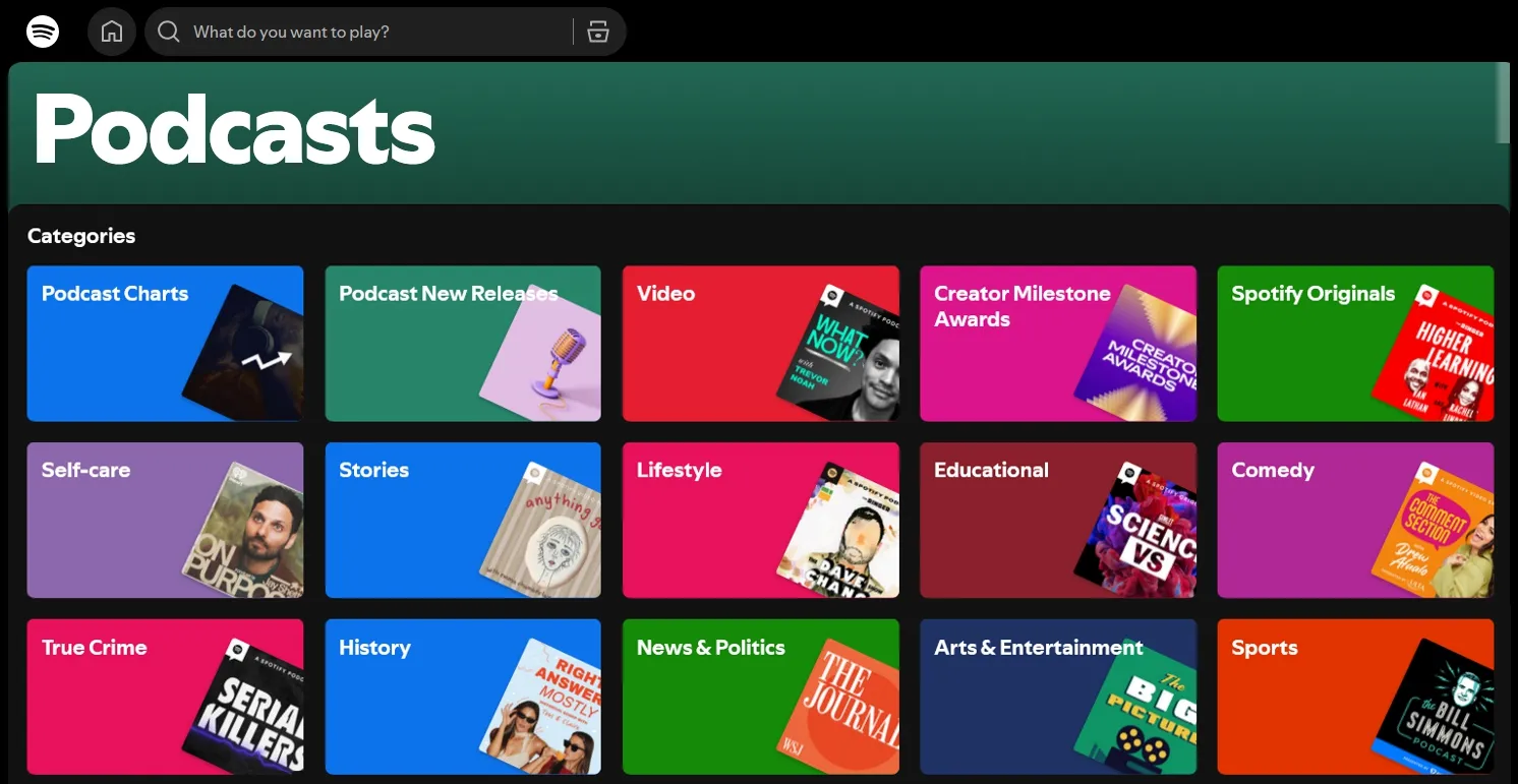 Front page of Spotify's podcasts collection