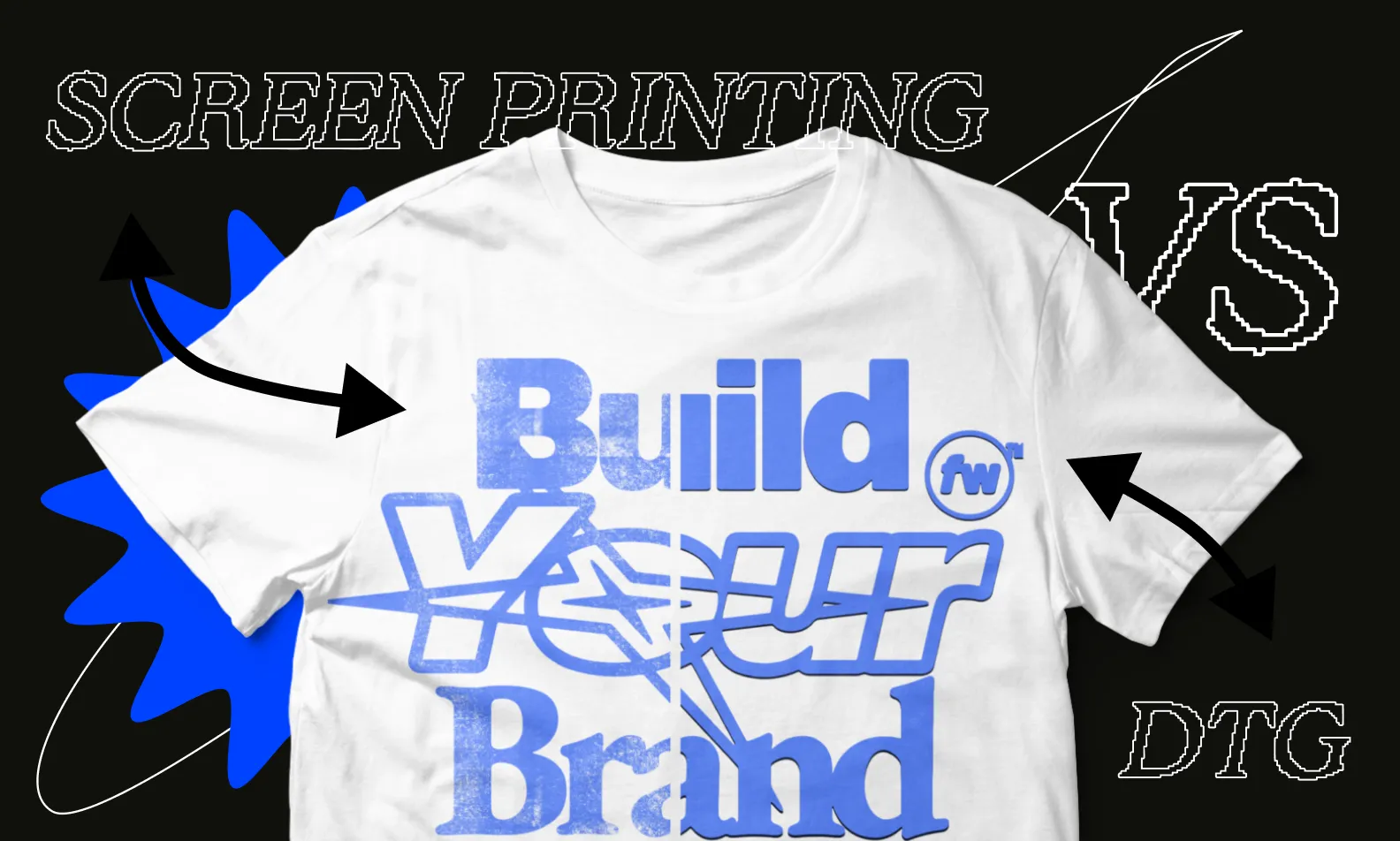 Image of a T-shirt with text about DTG and screenprinting