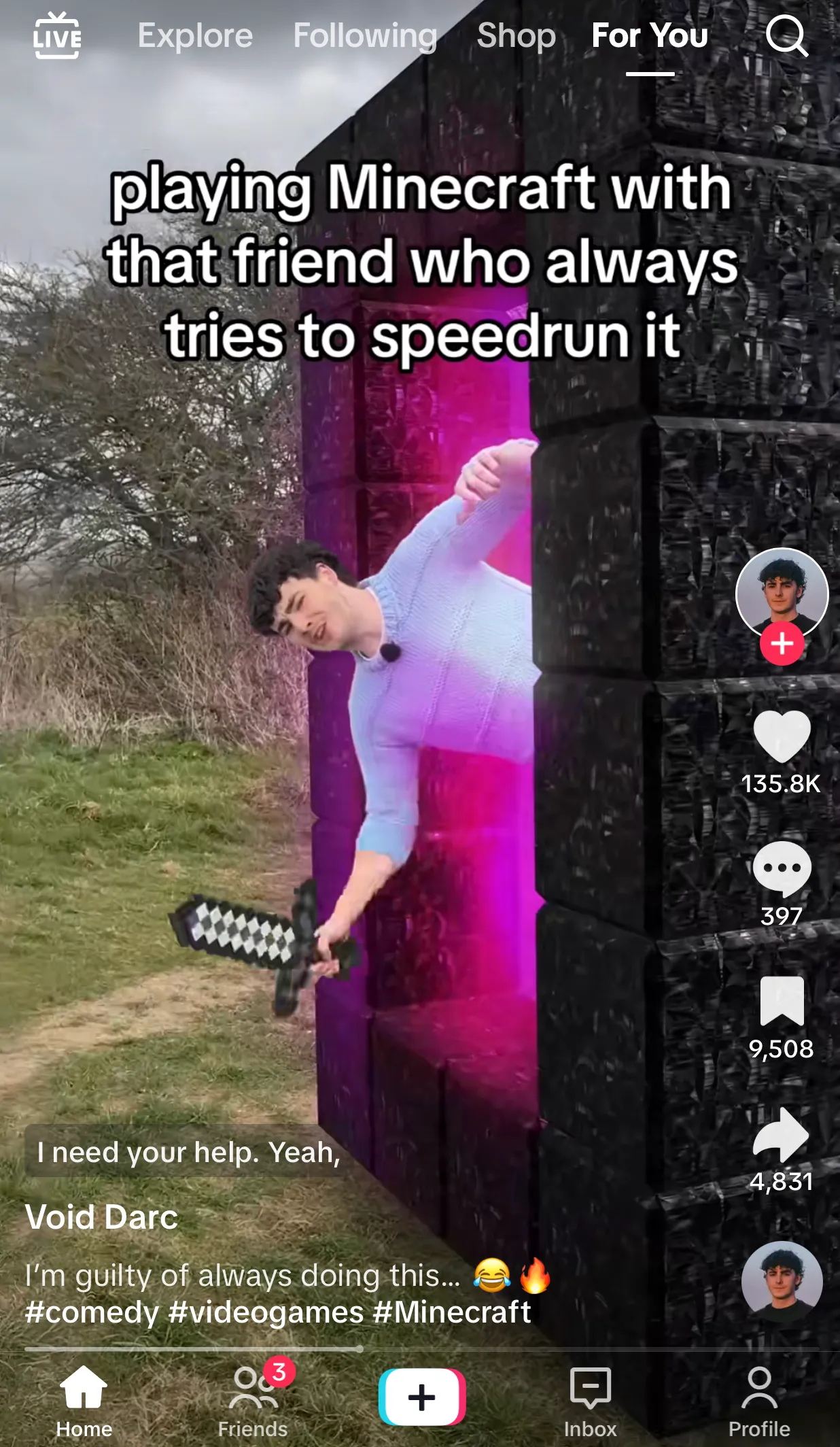 TikTok Minecraft meme about speedrunning