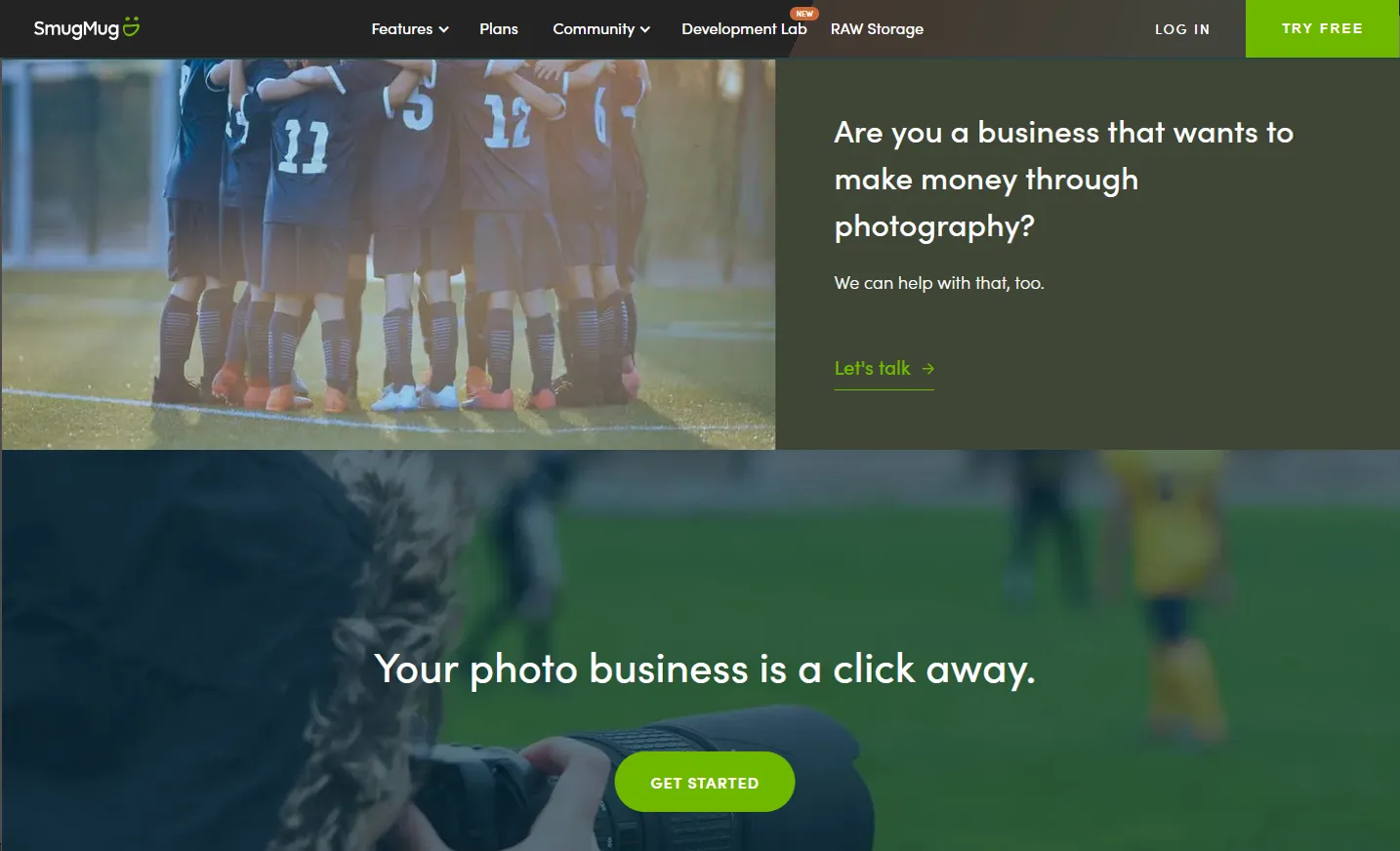 Front page of the SmugMug site talking about making money with photos