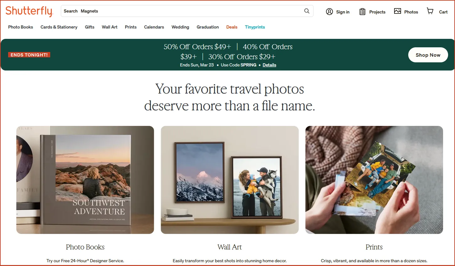 Shutterfly front page showing photos and categories