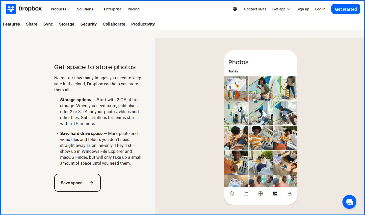 Dropbox front page on their website