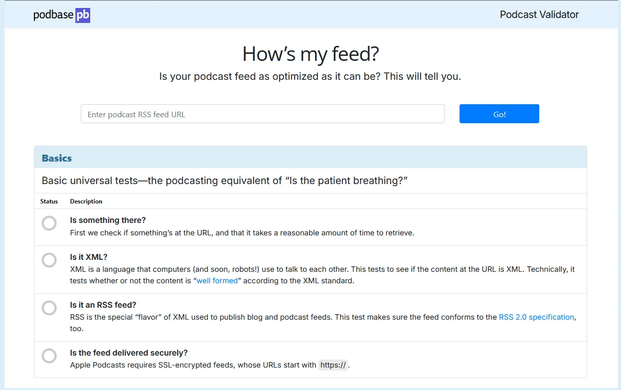 Sample of Podbase Podcast Validator page