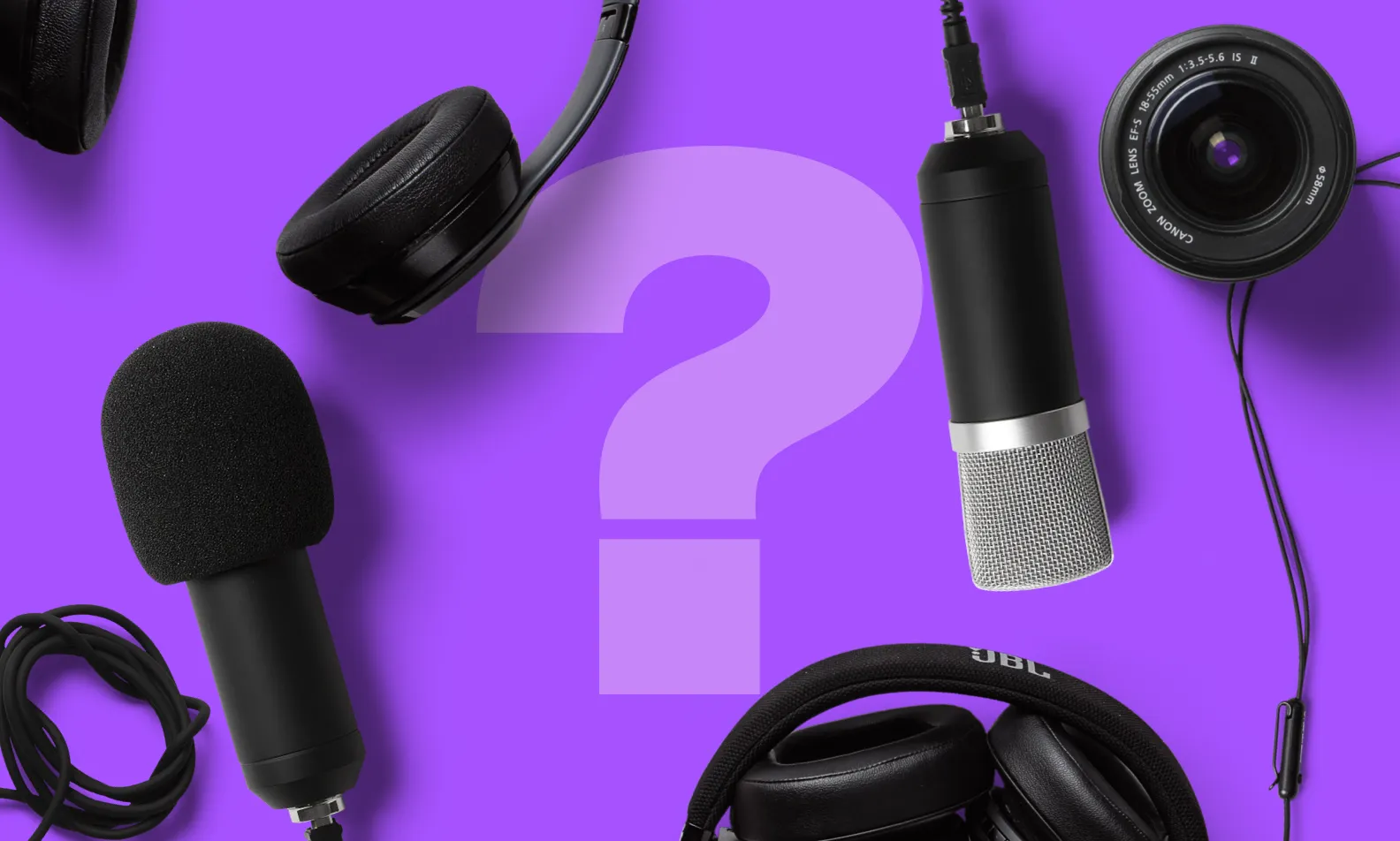 Purple and black graphic showing podcasting gear