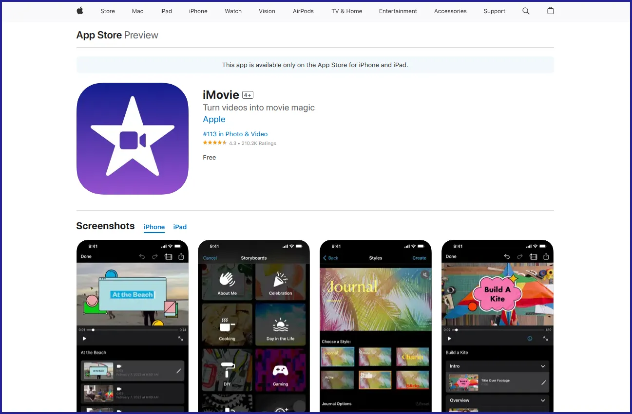iMovie webpage