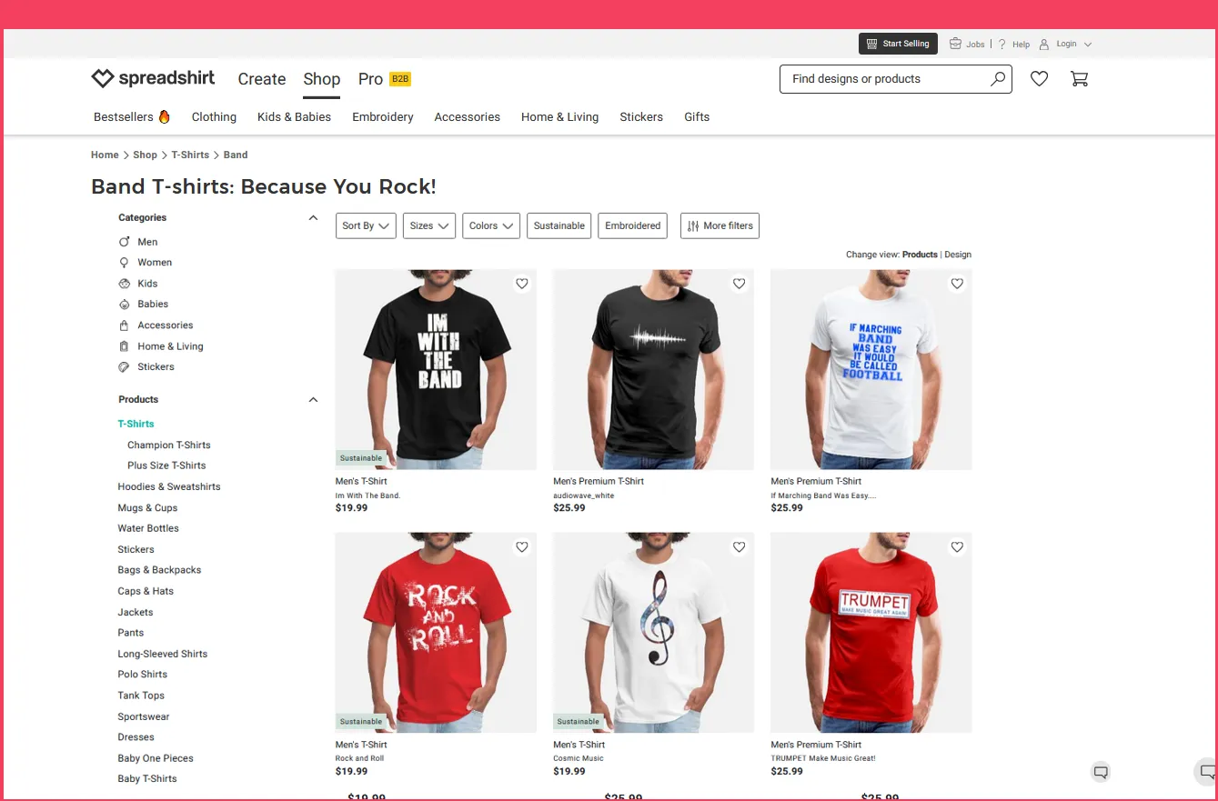 Spreadshirt band merch page